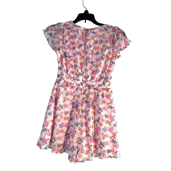 Trixxi Girl Romper Pink Multicolored Floral Lined Button Back Elastic Waist Bow - Picture 2 of 7